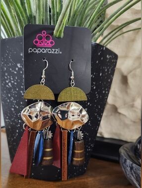 Paparazzi Olive, Gold, Red & Blue Tassel Dangle Earrings